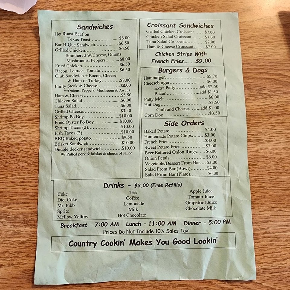 Printed menu featuring Southern breakfast choices.