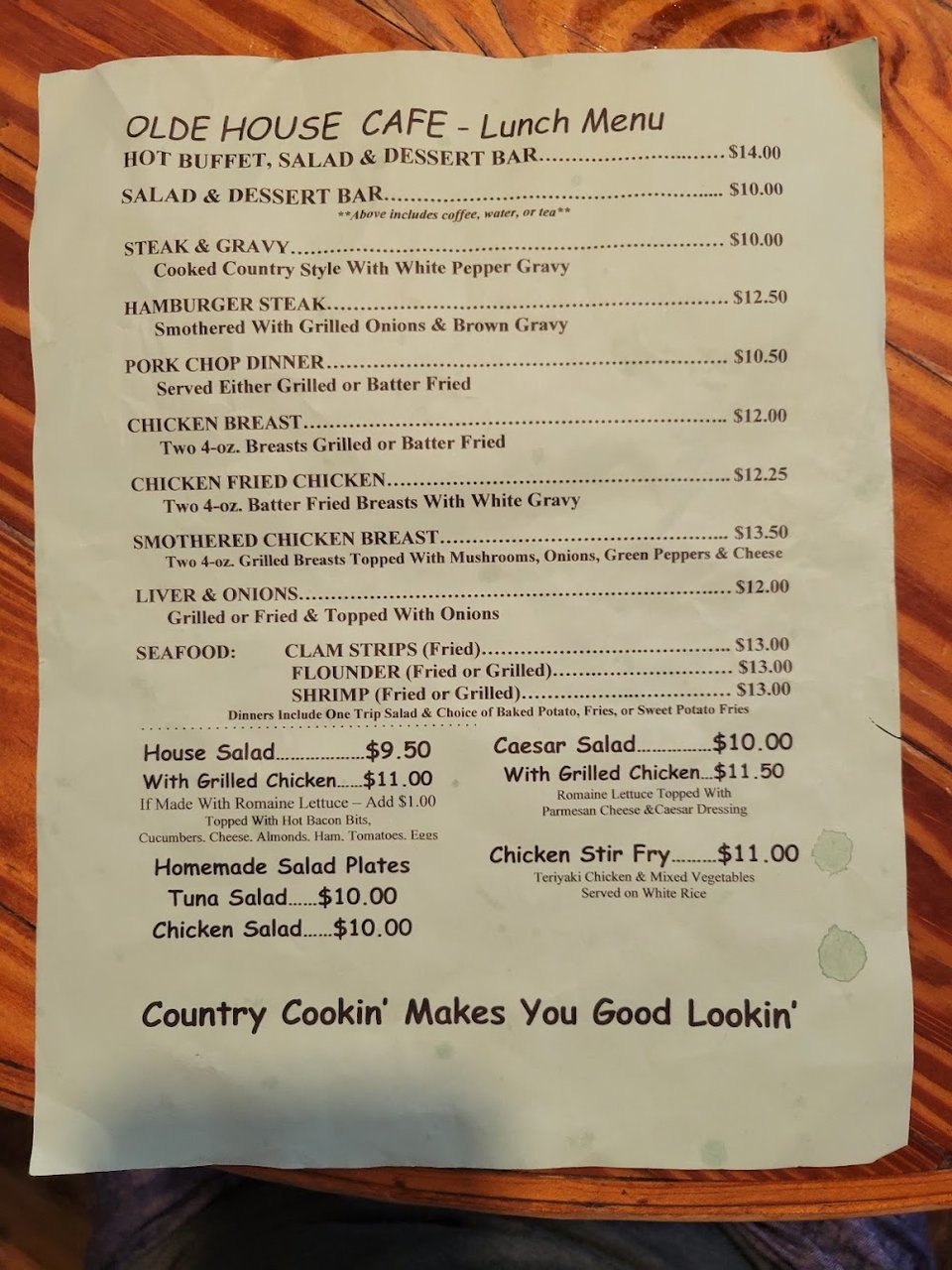 Menu sheet for all-day Southern fare.
